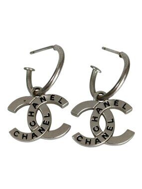 Chanel CC Logo Metal Hoop Earrings Silver